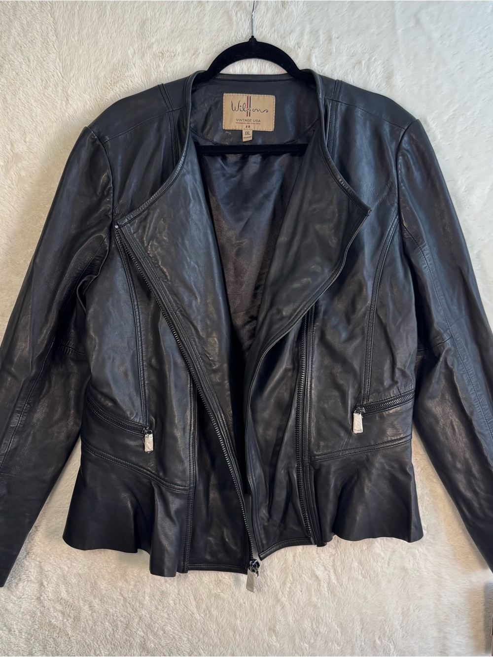 Wilsons Genuine Leather Jacket Women’s XXL Black Vintage USA Peplum Biker NEW